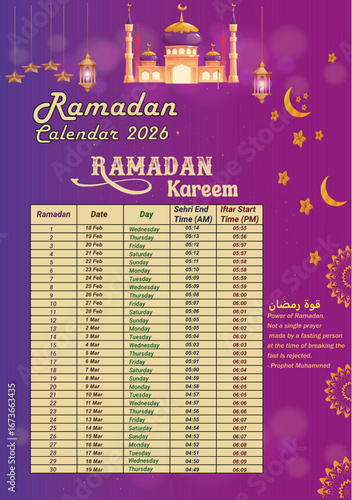 Ramadan schedule calendar template design 2026, Ramadan calendar iftar schedule template 2026, Ramadan calendar with sehri and iftar schedule table 2026. Fasting and Prayer time Guide.