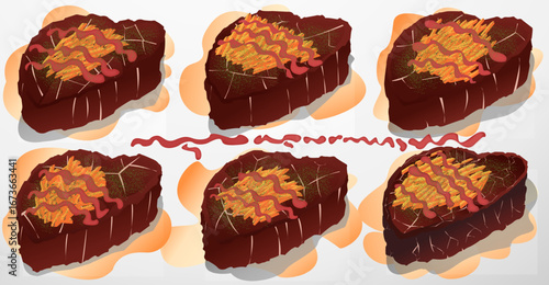 Several illustrations of steak, topped with savory and crispy potatoes