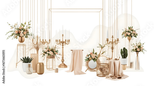 Elegant modern living room interior with white sofa, golden accents, decorative plants, and floral arrangements creating a luxurious and stylish atmosphere.