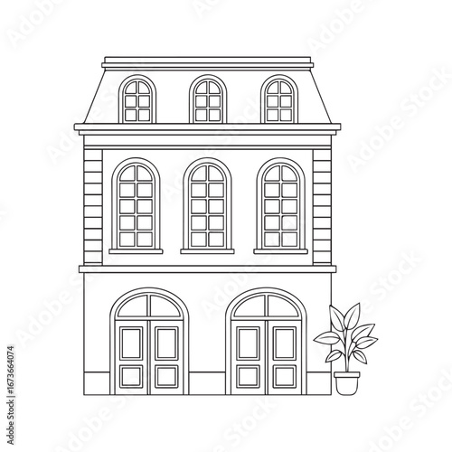 Parisian Apartment Building Facade Line Art. Classic European House Outline for Coloring Page.
