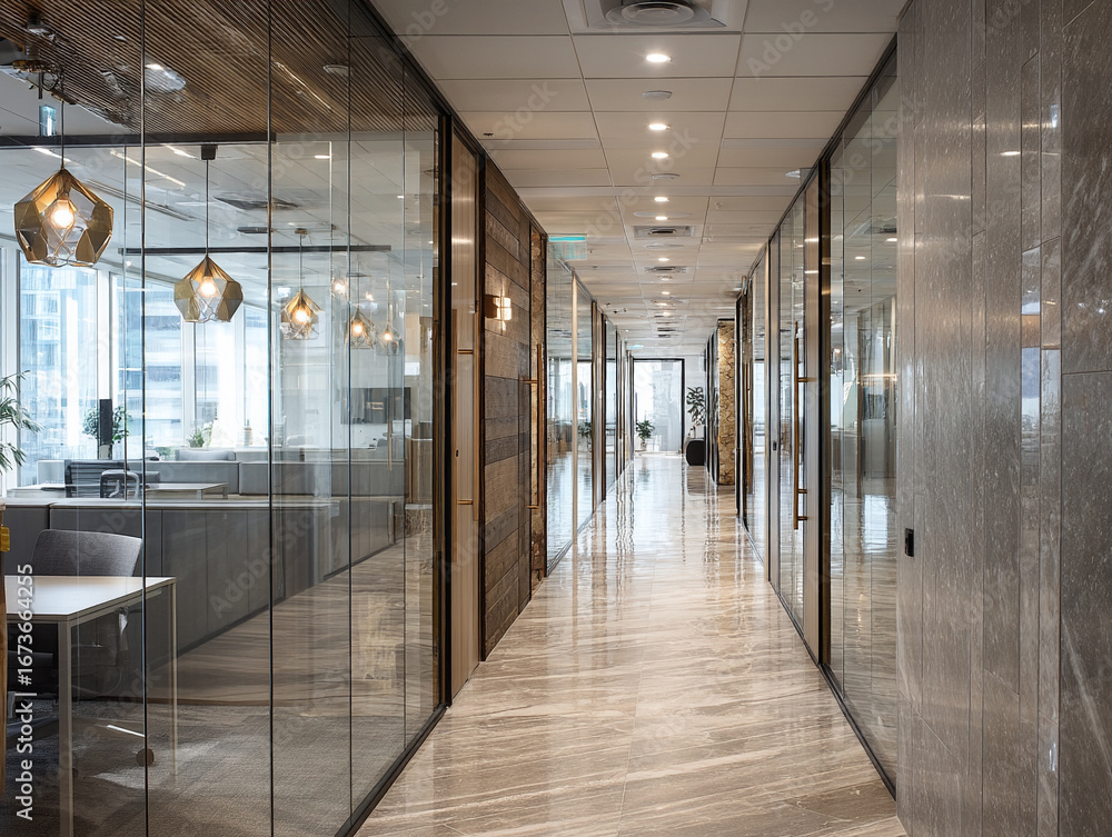 Fototapeta premium Mockup. Modern office corridor with glass partitions and elegant lighting in a high-rise building during daytime