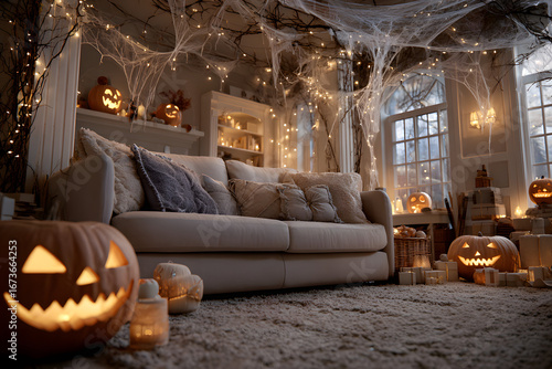 Interior of festive living room with sofa, Halloweendecorations and gift boxes