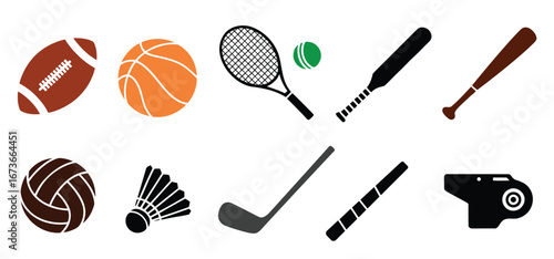 Black sports icon set featuring football, basketball, tennis, cricket, baseball, volleyball, shuttlecock, hockey sticks, and whistle