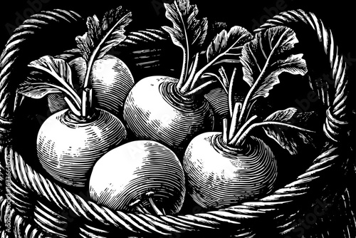 basket with turnips decorated with leafy stems, organic healthy arrangement, traditional still life black and white sketch