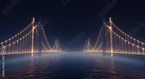 The golden glow of an illuminated architectural bridge at night reflects on the serene ocean, a symbol of connection and futuristic engineering