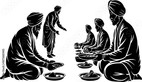 Sikh Langar Service Vector Illustration – Concept in Black Silhouette Style
