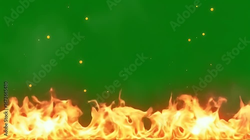 Realistic fire flames with glowing embers on green screen background for chroma key compositing effect