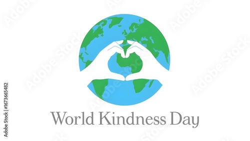 World kindness day logo. Random acts of kindness day emblem. Caring, responsibility, altruism of people. November 13. Hands show the heart and planet. Vector illustration. Global earth. Ecology theme.