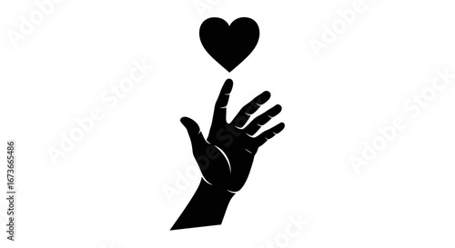 Hand reaching for a black heart symbol, love concept.