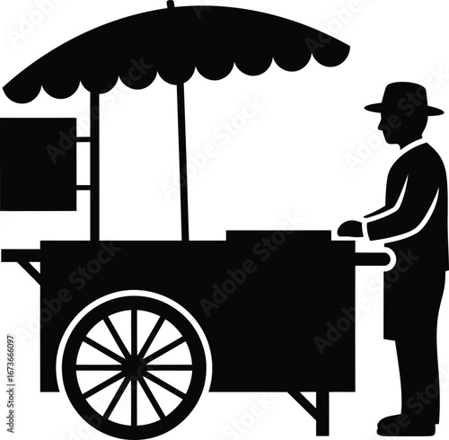 Street Food Vendor at his Pushcart Silhouette Vector