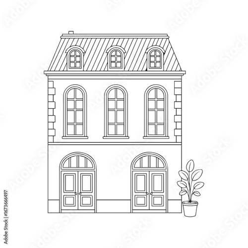 Parisian Apartment Building Facade Line Art. Classic European House Outline for Coloring Page.
