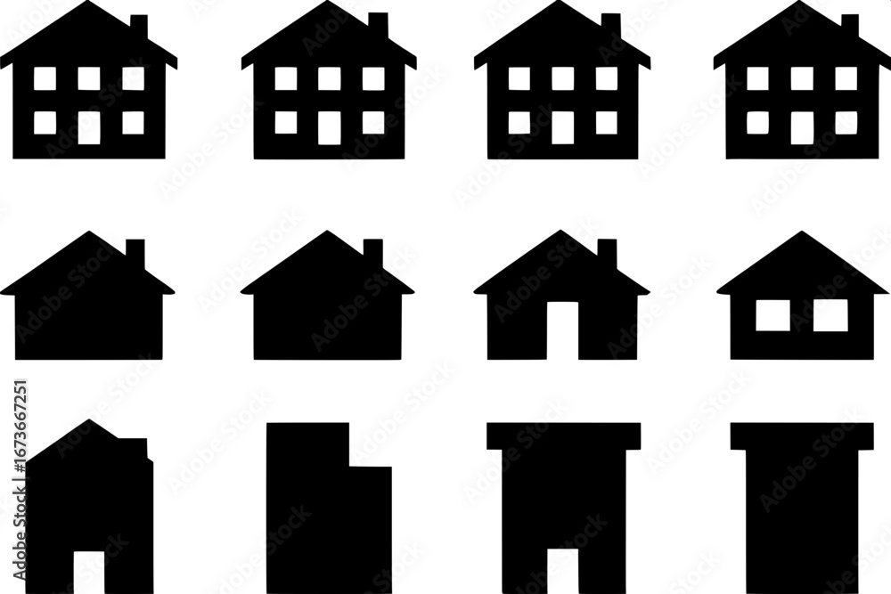 Fototapeta premium Flat black icons in a uniform style, arranged in a grid, representing urban and housing themes: homes, apartments, hospitals, and sold signs, all simple and stylized without detail.