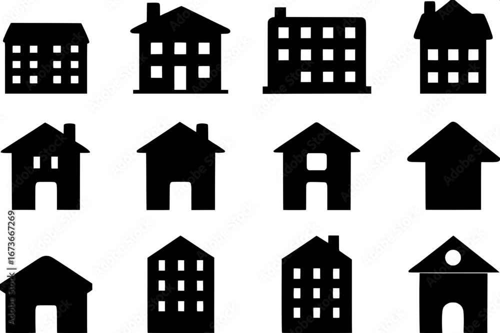 Fototapeta premium Flat black icons in a uniform style, arranged in a grid, representing urban and housing themes: homes, apartments, hospitals, and sold signs, all simple and stylized without detail.