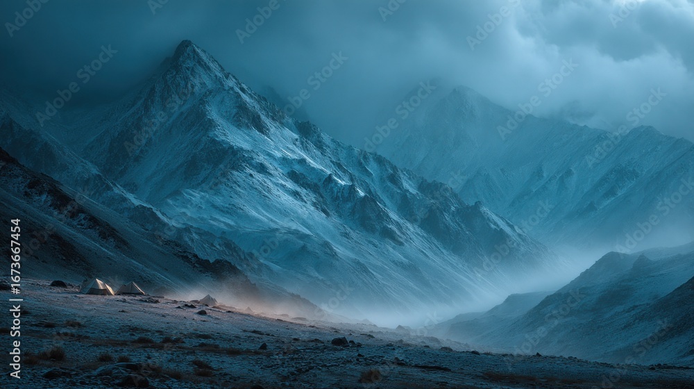 Fototapeta premium Ethereal Alpine Majesty: A Serene Mountainscape Wrapped in Mist and Mystery