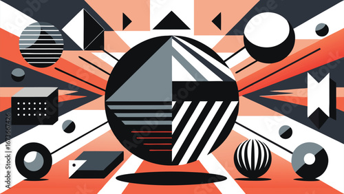 Abstract painting with a variety of black and white shapes, emphasizing contrast and form in a contemporary style..eps