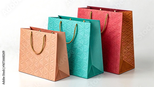 Colorful shopping bags with embossed pattern, retail packaging design and consumer shopping concept 
