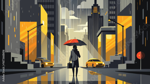 A painting depicting a man walking down a city street, holding an umbrella against a rainy backdrop..eps