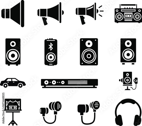 Collection of audio equipment icons including speakers and headphones