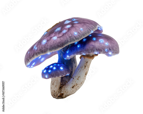 Glowing Purple Mushrooms with Blue Dots on Dark Background