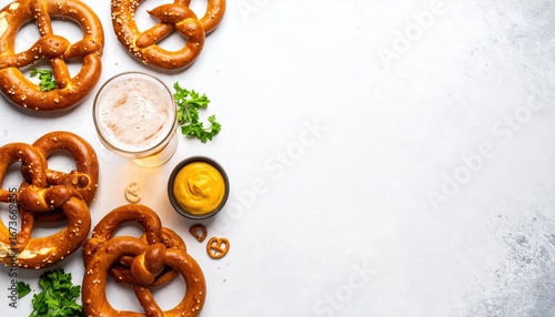 A delicious arrangement of soft pretzels served with mustard and beer, garnished with fresh parsley on a light background.