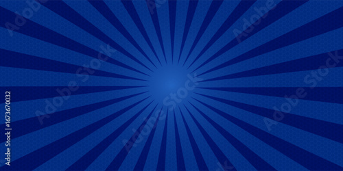 Comic background. Pop art texture. Starburst cartoon style. Anime design with explosion effect for print. Fun dot pattern. Blue backdrop with halftone gradient. Funny line frame. Vector illustration