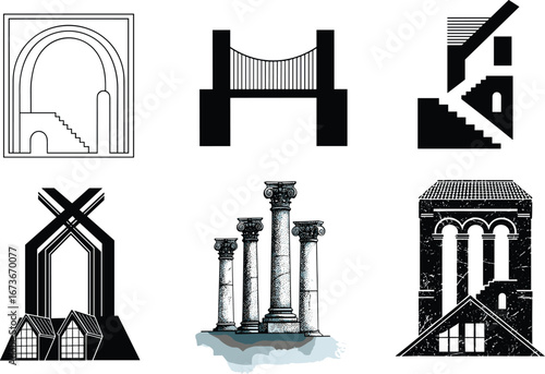 Architectural structure silhouette set, arch, bridge, stairs, tower, monument, ancient columns, modern building vector illustration for architecture, construction, heritage and design projects