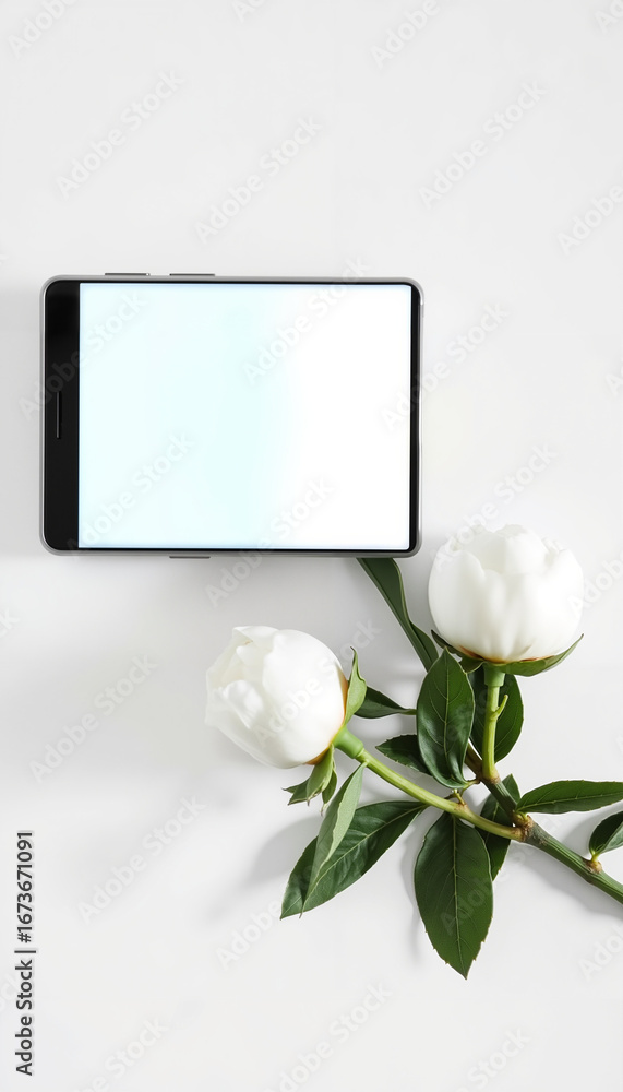Fototapeta premium Tablet with blank screen and white peonies on white background 