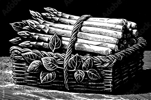 Wicker basket with asparagus arranged beautifully with leafy sprigs, rustic organic still life black and white sketch