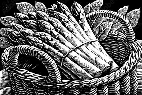 Wicker basket with asparagus arranged beautifully with leafy sprigs, rustic organic still life black and white sketch
