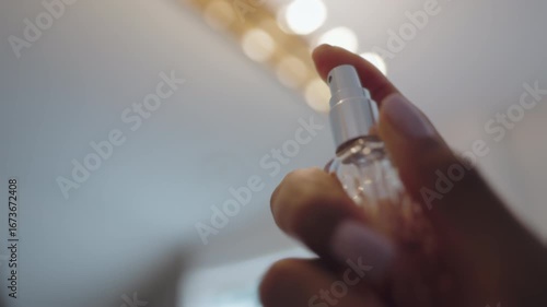 Close Up of Latina Woman's Hands Applying Perfume During Beauty Routine