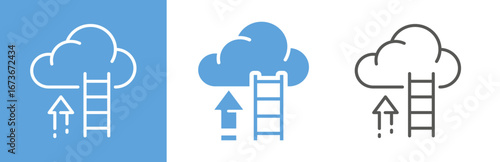 flat and linear set icons, ladder in cloud icon, career growth, image, advance potential, simple symbols on white and black background - editable stroke vector illustration