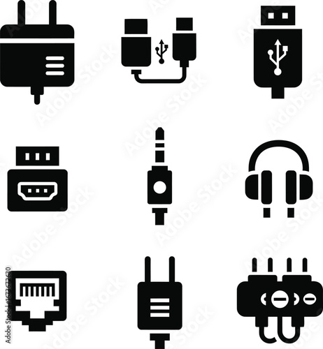 Collection of various electronic connector and cable icons