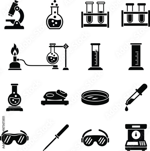 Collection of scientific laboratory equipment icons for research and education