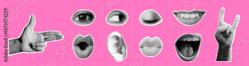 Halftone collage sticker pack. Retro set of eyes, mouths, lips, hand gestures in pop art style. Dotted texture cutout elements for banner, poster, card.