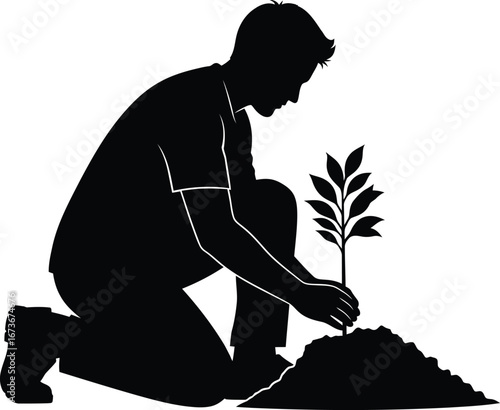 Man Planting a Tree Seedling Silhouette Vector