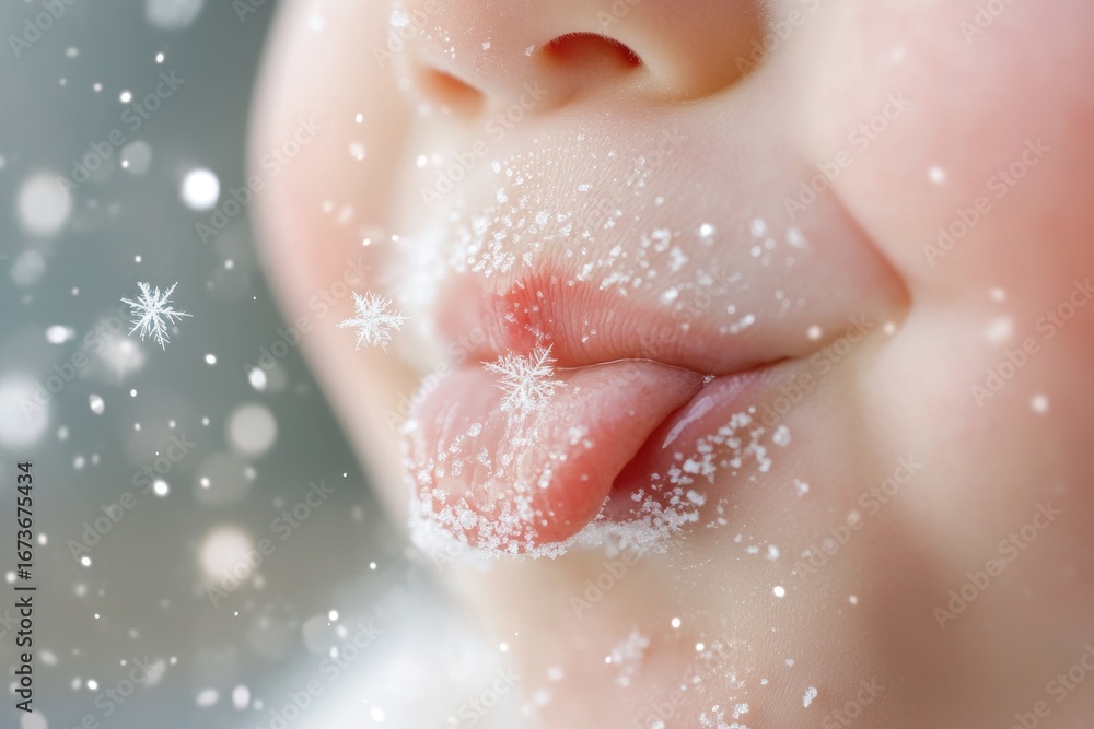 Fototapeta premium Close-up of child's tongue catching snowflakes on lips in winter wonderland scene