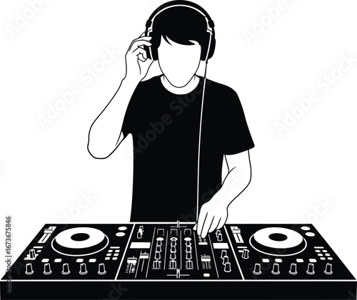 DJ Playing Music with Headphones and Turntables Silhouette