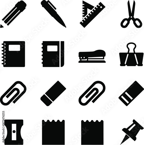 Black and white icons of common office and school supplies