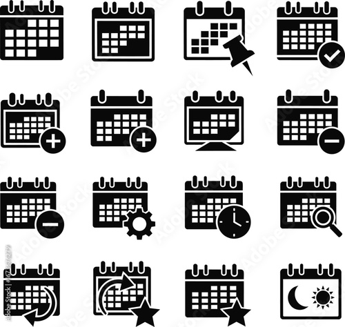 Collection of calendar icons with various symbols and actions
