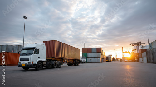 Cargo management and security at an industrial port with trucks and containers at sunset, cargo security, port logistics, global trade, freight hub, industrial operations