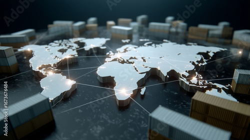Fototapeta Naklejka Na Ścianę i Meble -  A digital world map with shipping containers, reflecting modern logistics, digital logistics, global trade, supply chain network, industrial tech, freight hub