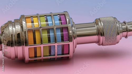 A modern filtered showerhead with colorful filtration cartridges. Designed for chlorine removal and hard water filtration, promoting skincare and wellness in bathrooms.