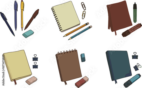 Stationery supplies set, pens, pencils, notebooks, markers, erasers, paper clips, office tools, school items, black vector illustration for education and business design