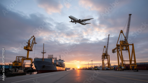 A cargo ship and plane with cranes at a shipyard during sunrise, multimodal logistics, port operations, global trade, freight hub, industrial transport