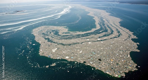 Aerial view of a colossal ocean garbage patch, showing swirling patterns of plastic debris and waste accumulating in the sea.