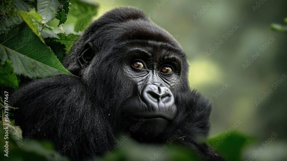 A close-up of a majestic gorilla in lush green foliage, showcasing its expressive eyes and powerful presence in a natural habitat. A close-up of a majestic gorilla in lush green foliage, showcasing its expressive eyes and powerful presence in a natural habitat.