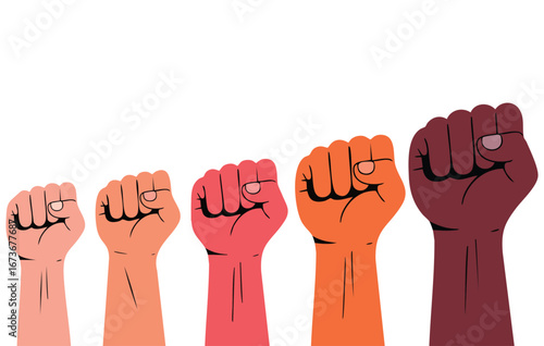 Vector illustration of fists raised in protest symbol of power, revolution fight, rebel victory, solidarity, background for manifestation, vote riot, freedom struggle and social rights awareness