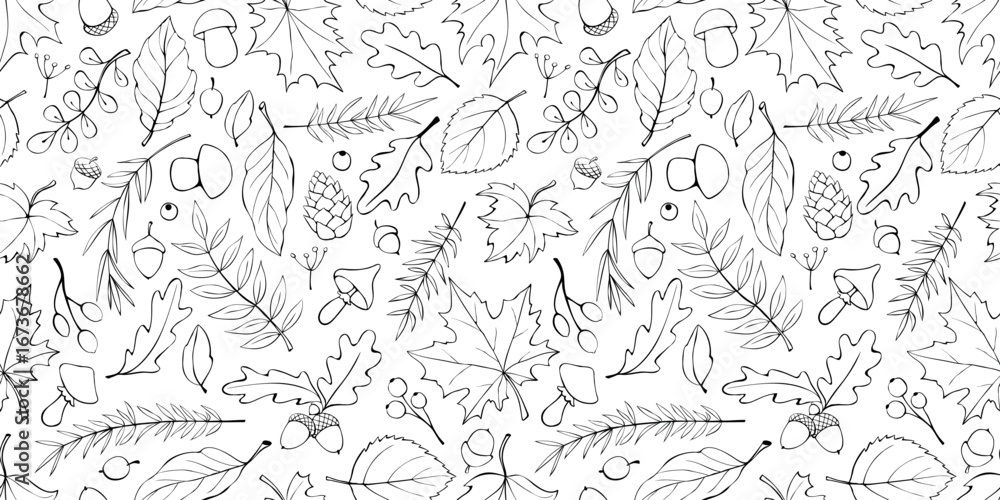 Obraz premium Seamless pattern falling leaves, acorns, berries, mushrooms. Vector outline, hand drawn autumn texture, isolated, in doodle style