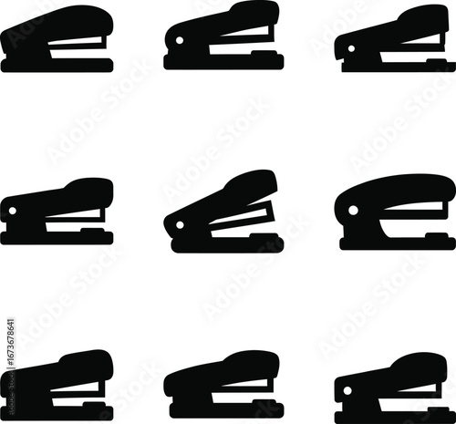 Collection of nine black stapler icons arranged in a grid