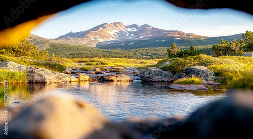 Natural scenery of river and mountains at sunrise